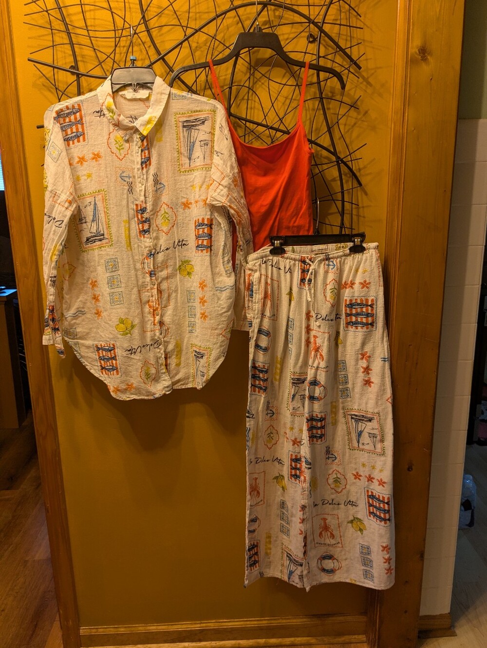 Primark 3-Piece Vacation Outfit Set XS Button Front Shirt Cami Pants Resortwear